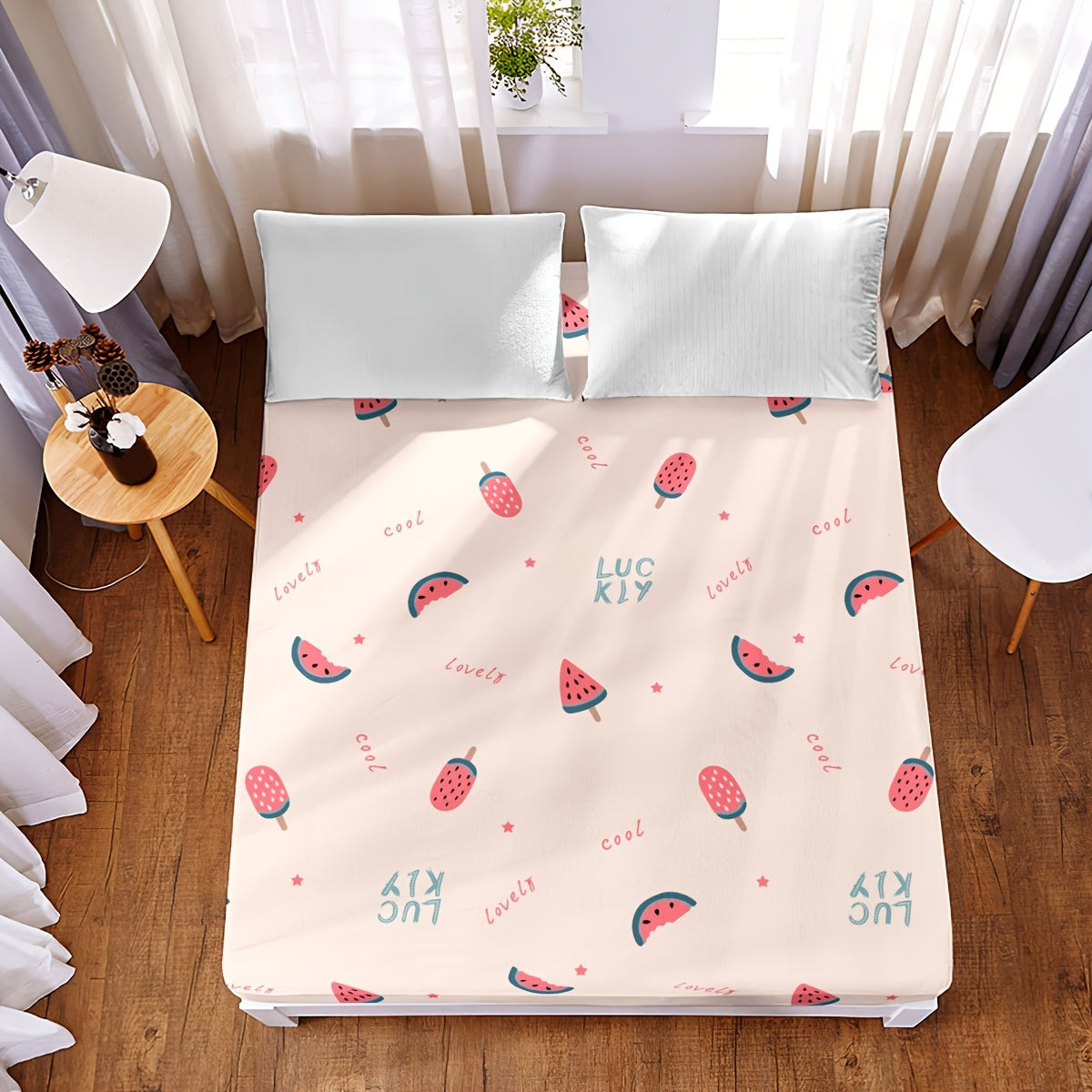 1pc Cute Watermelon Print Fitted Sheet - Soft and Comfortable Bedding for Bedroom, Guest Room, and Dorm - Deep Pocket  for Easy Fitting