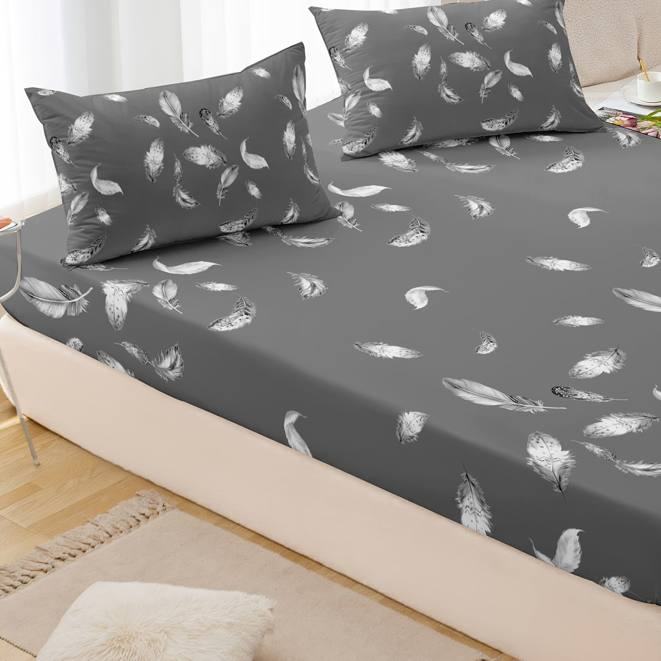 1pc Luxurious Gray Fitted Sheet with White Feather Patterns - Soft and Comfortable, Available in 4 Sizes